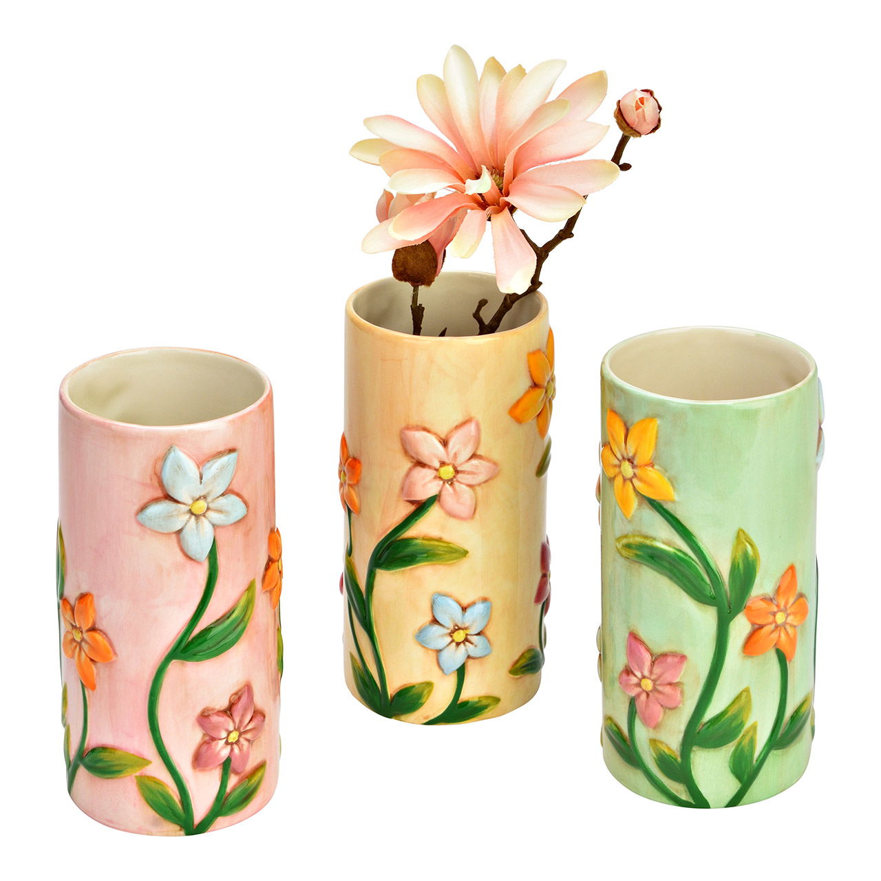 Vase en céramique, triple, beige/rose/vert (L/H/P) 8x17x8cm Pokal, Kunst, Kunsthandwerk, Töpferei