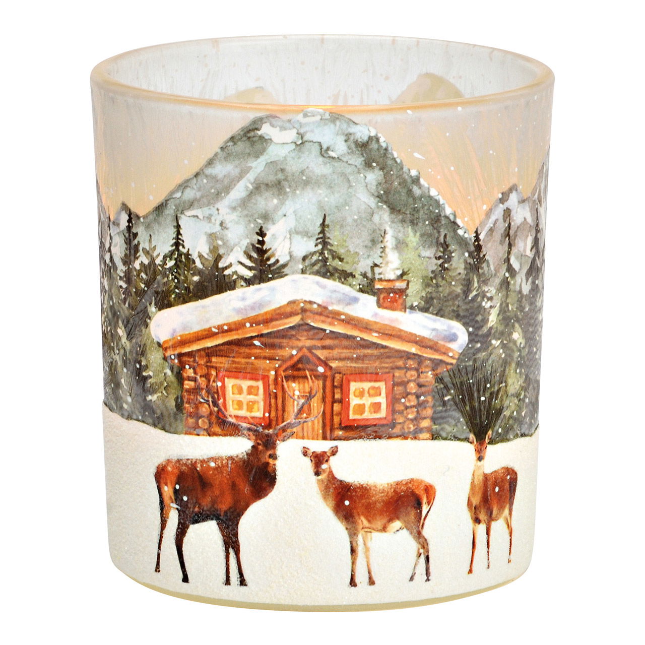 Photophore cerf forêt d'hiver décor verre multicolore (L/H/P) 7x8x7cm