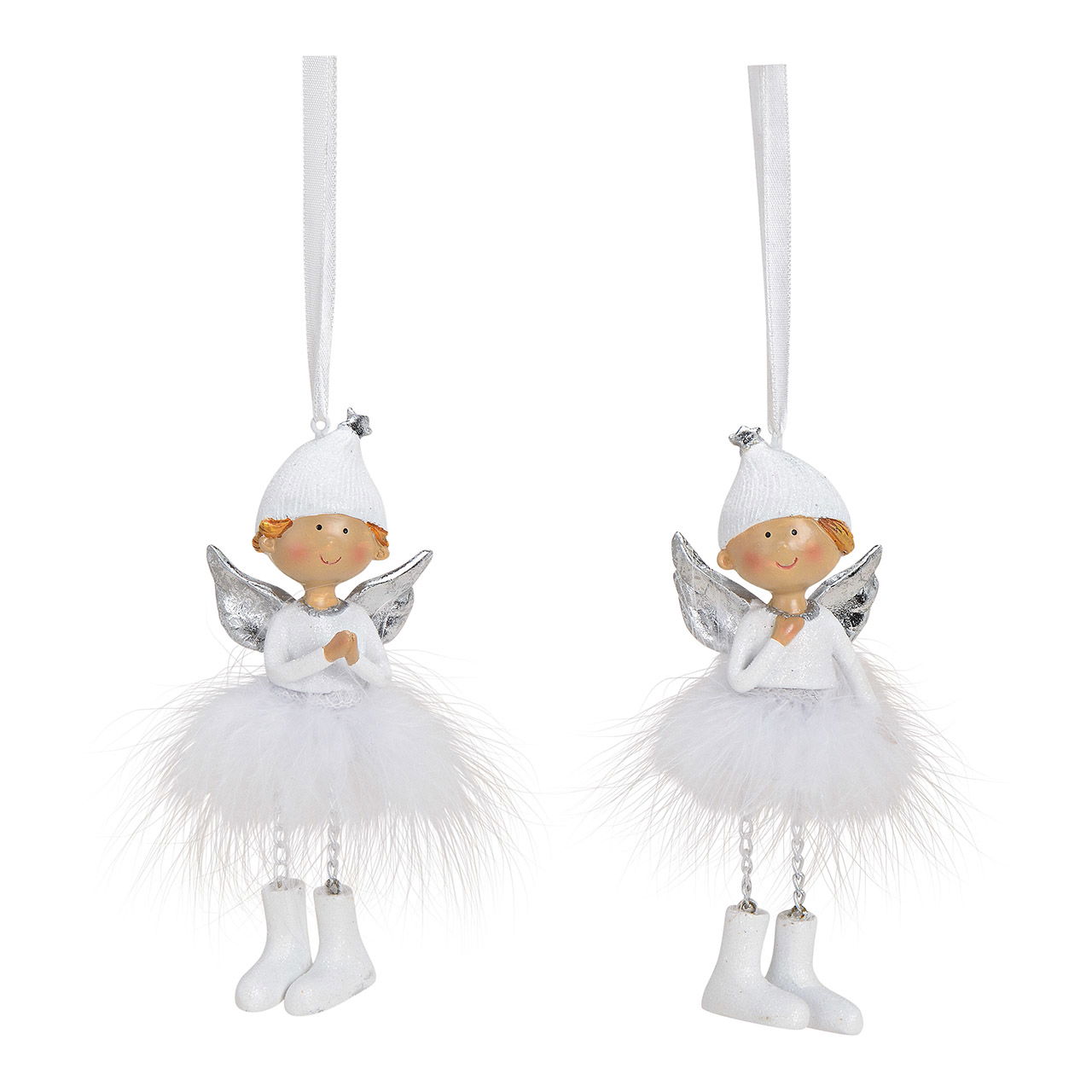 Hanger angel poly feather white silver 2 asst. 5x14x3cm