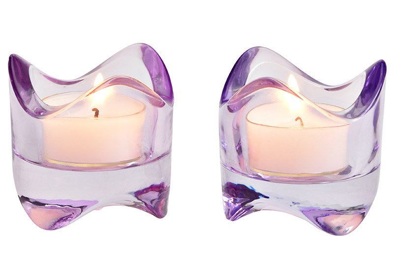 Glass tealight holder purple 2-fold, (W/H/D) 6x6x6cm
