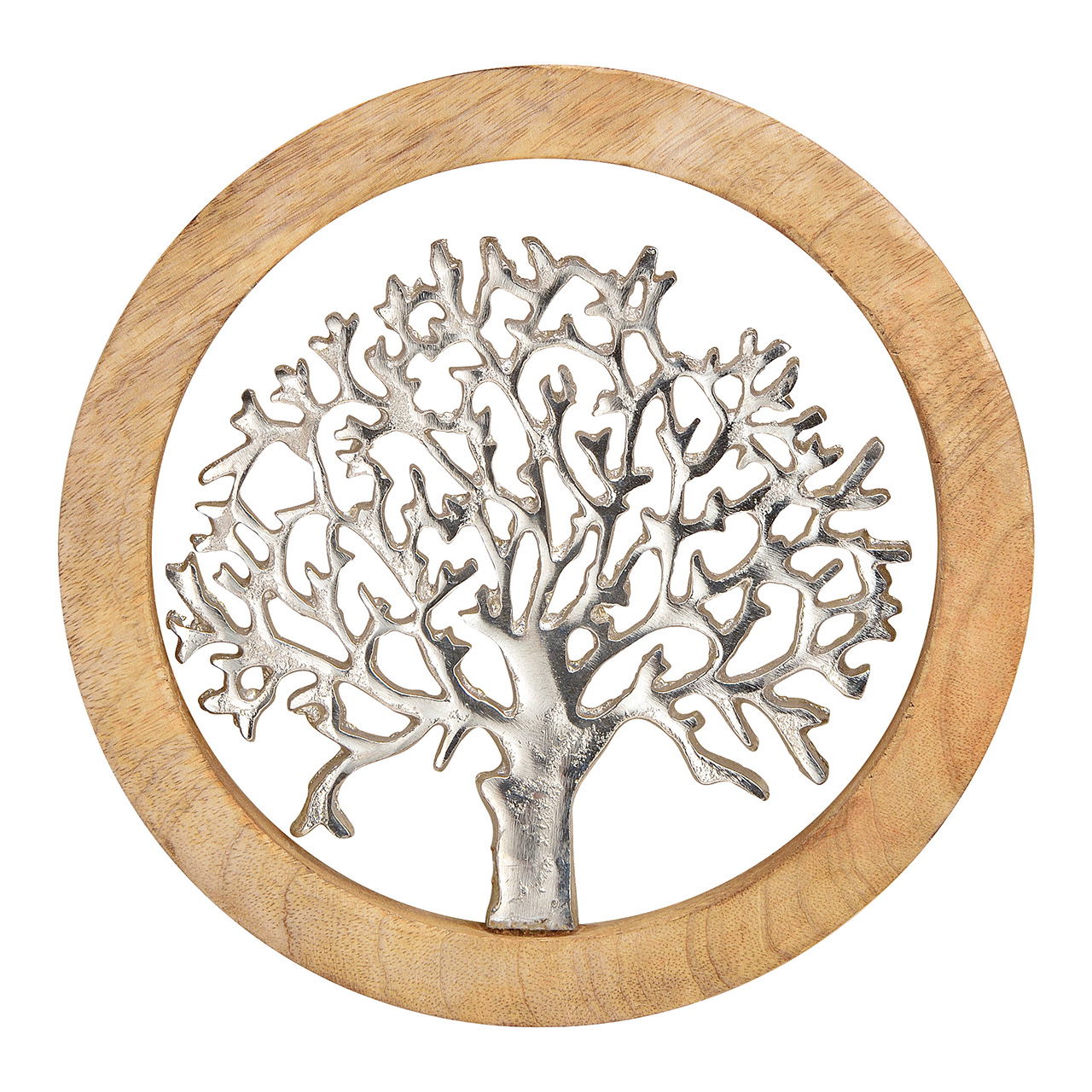 Pendentif mural arbre en métal dans cercle en bois de manguier argent, marron (L/H/P) 25x25x2cm