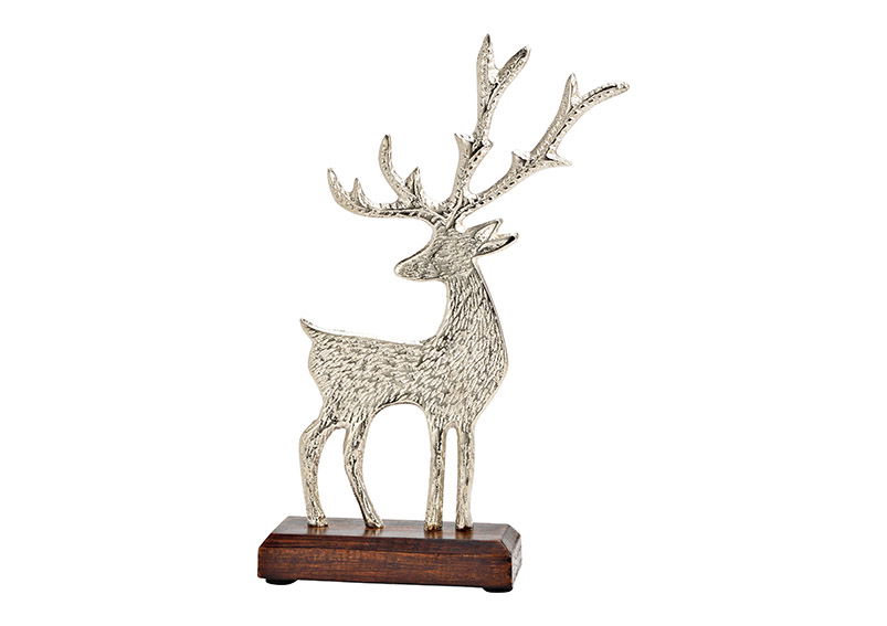 Stand deer on mango wood base of metal silver (W/H/D) 17x28x5cm