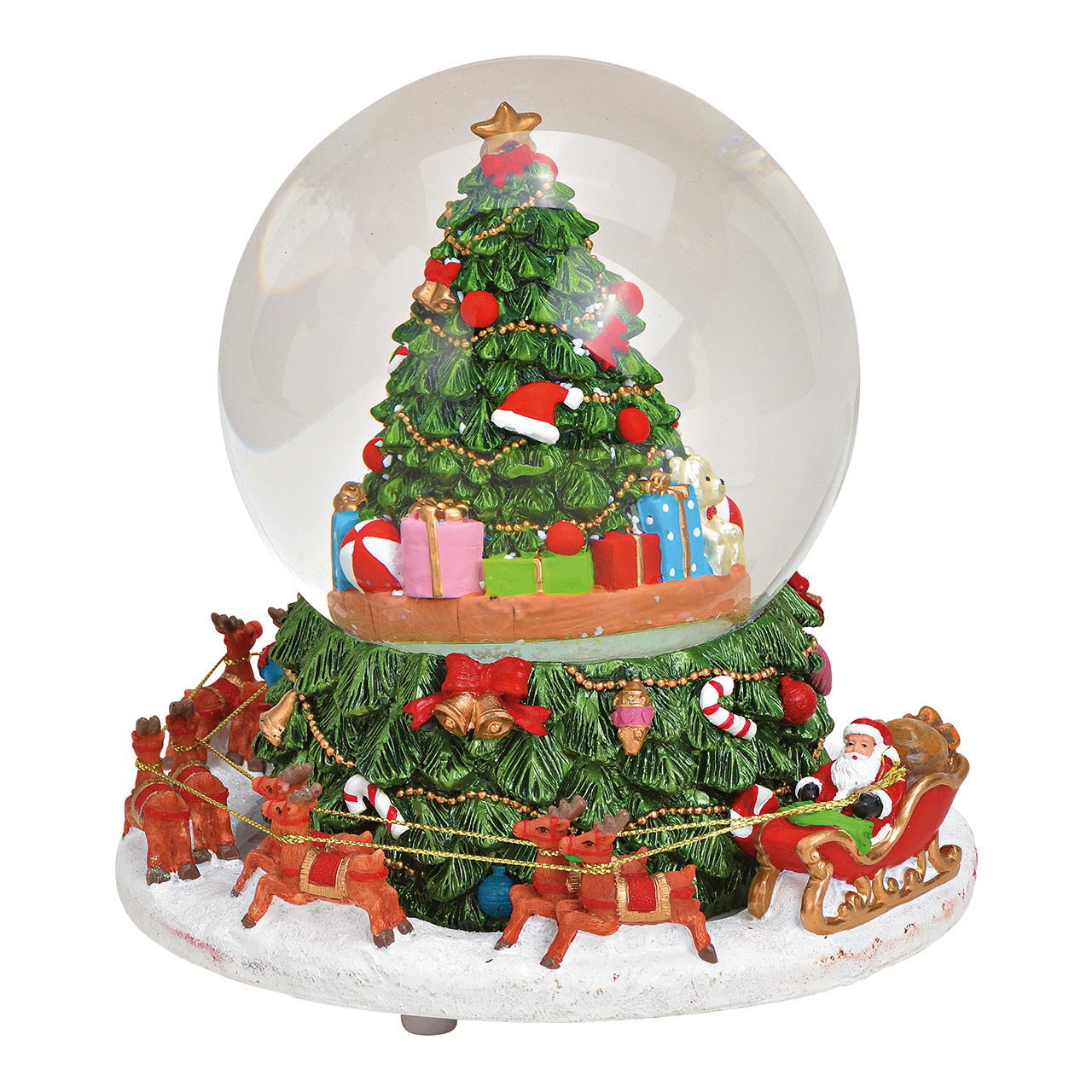 Music box, snow globe with music, mov.  Tree, Santa Claus sleigh made of poly, glass Colored (W/H/D) 16x18x16cm Music box, snow globe with music, mov.  Tree, Santa Claus sleigh made of poly, glass Colored (W/H/D) 16x18x16cm