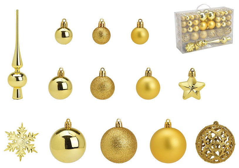 Set de boules de Noël en plastique Lemon Gold 111pcs, (L/H/P) 23x35x12cm Ø 3/4/6 cm