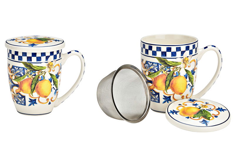 Mug with lid and strainer with flower decor set of 3, made of porcelain colorful (W/H/D) 12x12x9cm