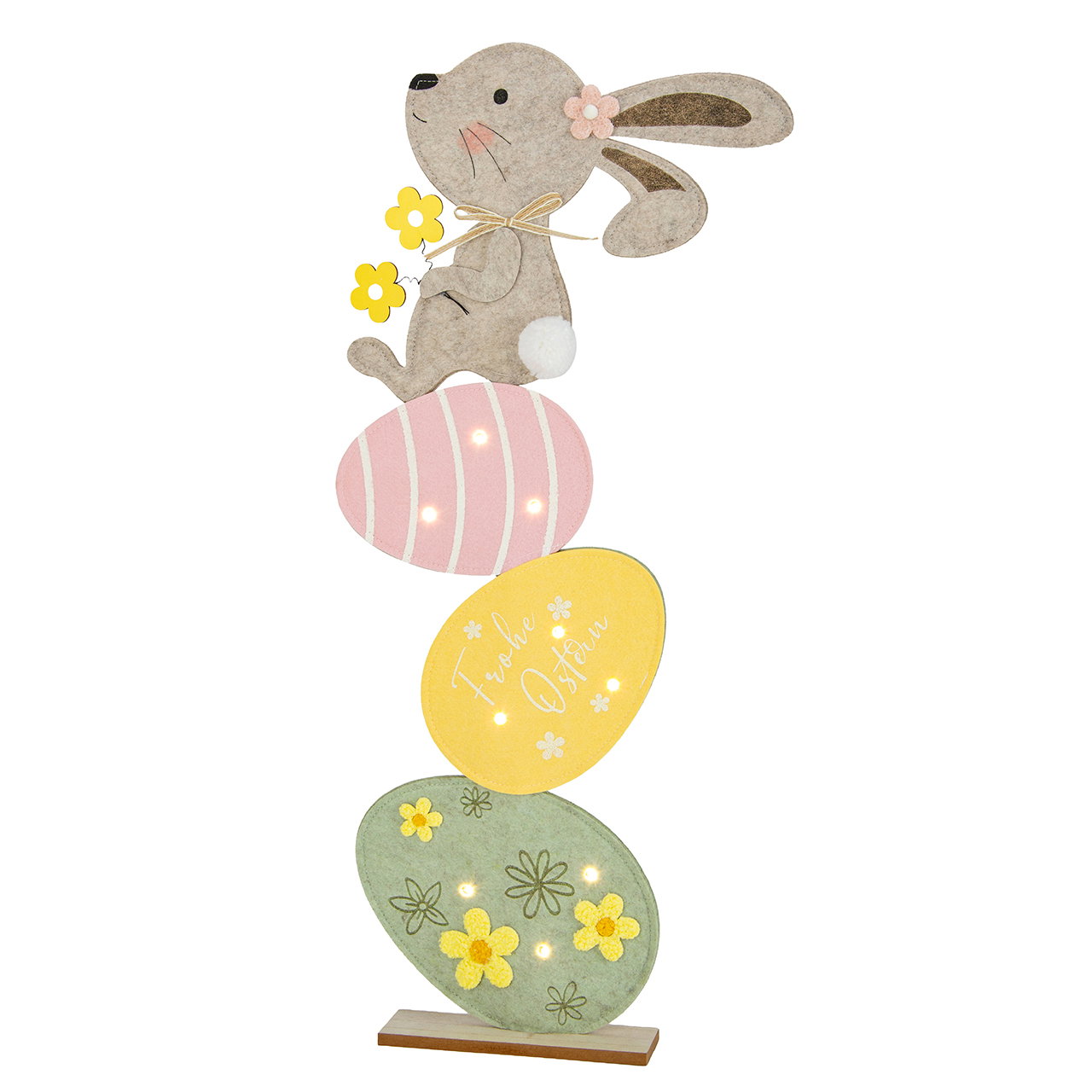 Lapin sur des œufs de Pâques en feutre multicolore (L/H/P) 28 x 70 x 6 cm, hors 2 piles CR2032 Osterhase, Osterdeko, bunte Eier, Blumen, Halterdekoration