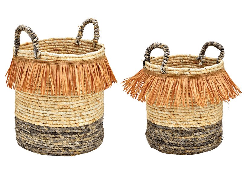 Baskets set with handle of corn leaf natural material Brown Set of 2, 30x39x30cm 26x34x26cm