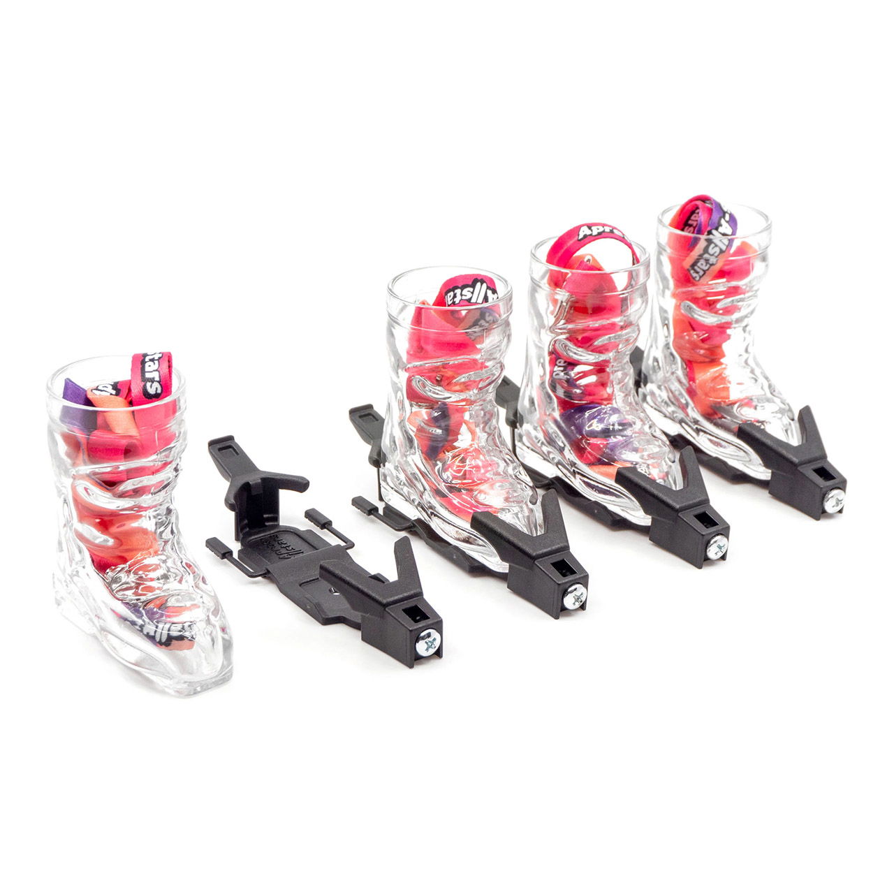 Apres-Allstars Skischuh Schnapsglas 4cl mit Bindung/Lanyards aus Glas, 4er-Set, Schwarz (B/H/T) 69x36x74mm/110x38x24mm