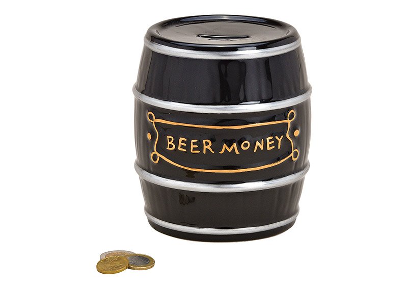 Hucha, barril, Beer Money, cerámica negra (c/h/d) 13x14x13cm