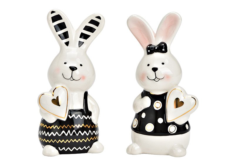 Bunny with heart ceramic white, black, gold 2-fold, (W/H/D) 7x13x6cm