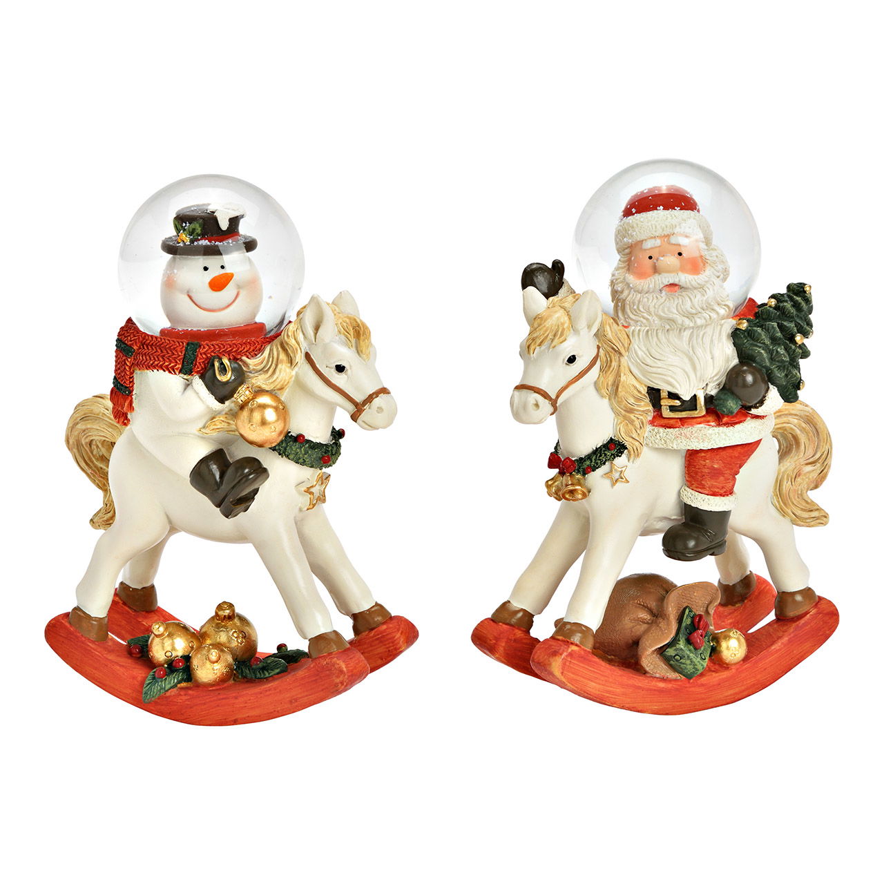 Snow globe Santa Claus/snowman on rocking horse made of poly/glass, 2-fold, colorful (W/H/D) 9x13x5cm Snow globe Santa Claus/snowman on rocking horse made of poly/glass, 2-fold, colorful (W/H/D) 9x13x5cm