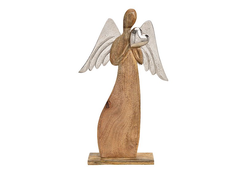 Angel with metal wings, wooden heart brown (w / h / d) 30x51x7cm