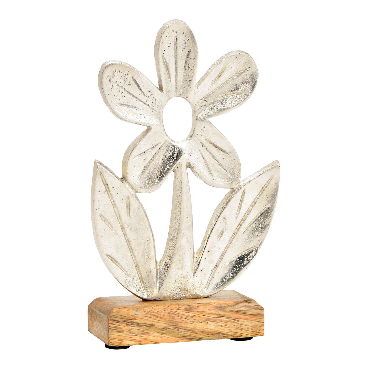 Aufsteller Blume auf Mangoholz Sockel aus Metall Silber (B/H/T) 12x20x5cm