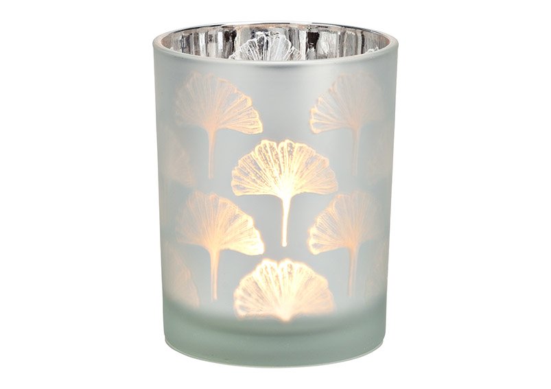 Windlicht Ginkgo Dekor aus Glas Weiß, silber (B/H/T) 10x12x10cm