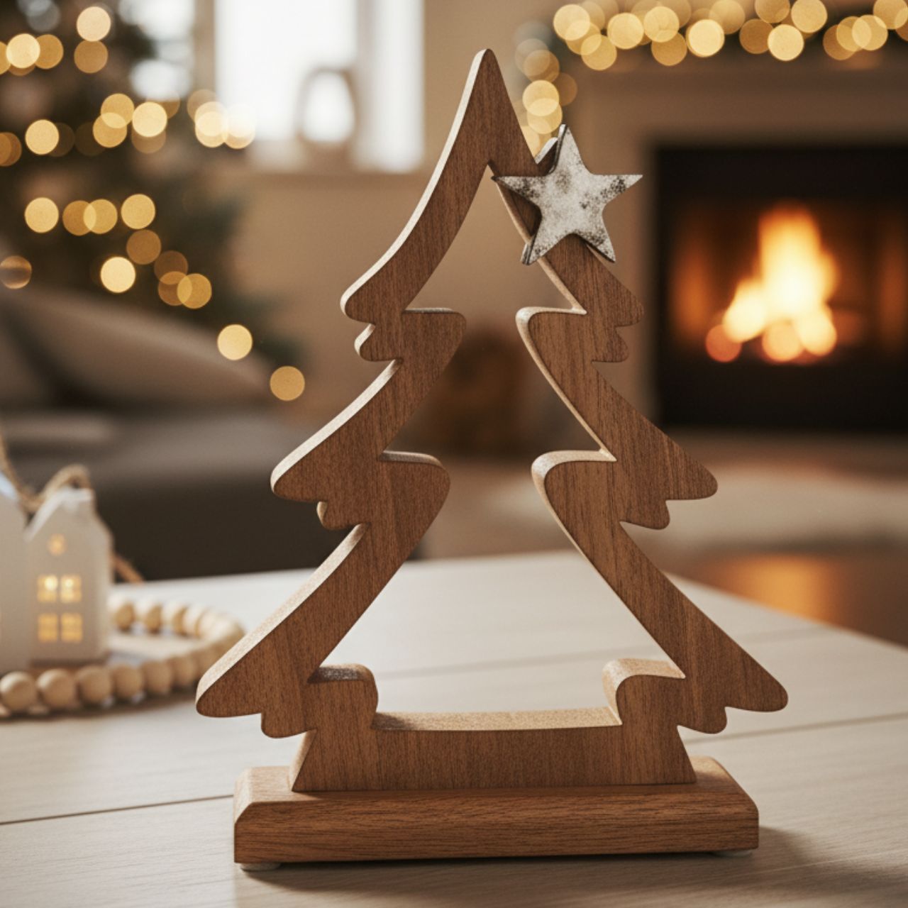 Aufsteller Tannenbaum mit Metall Stern Dekor aus Mango Holz Braun (B/H/T) 17x23x5cm Holz, Mobiliar