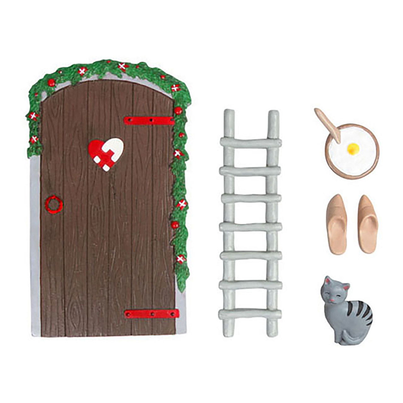 Secret Santa deur display accessoire, Secret Santa deur set met ladder, klompen, sleutels, schoenen, kat set van 5, gemaakt van poly bruin (B/H) 8x15x0.5cm