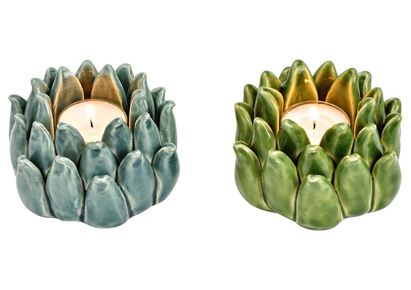 Tealight holder Lotus ceramic green 2-fold, (W/H/D) 10x7x10cm