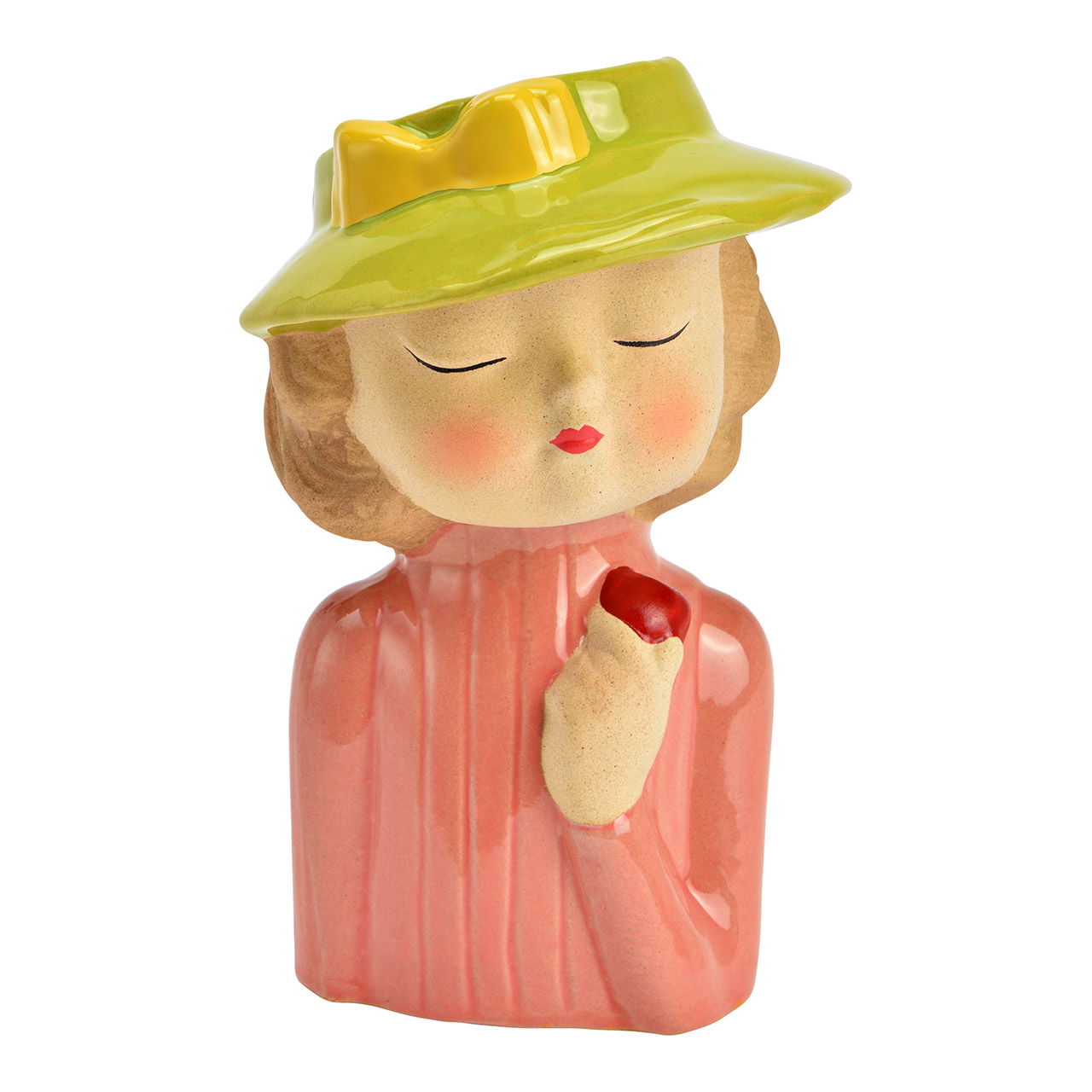 Pot de fleurs femme avec chapeau en faïence, rose/vert/beige (L/H/P) 10x15x9cm