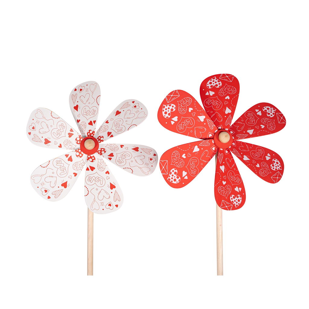 Wind wheel with heart design, 2 motifs assorted, 24 pcs/spl., wood, 9x3.5x28cm, 1 pc, red-white - PROMOTION Essen, Süßigkeiten