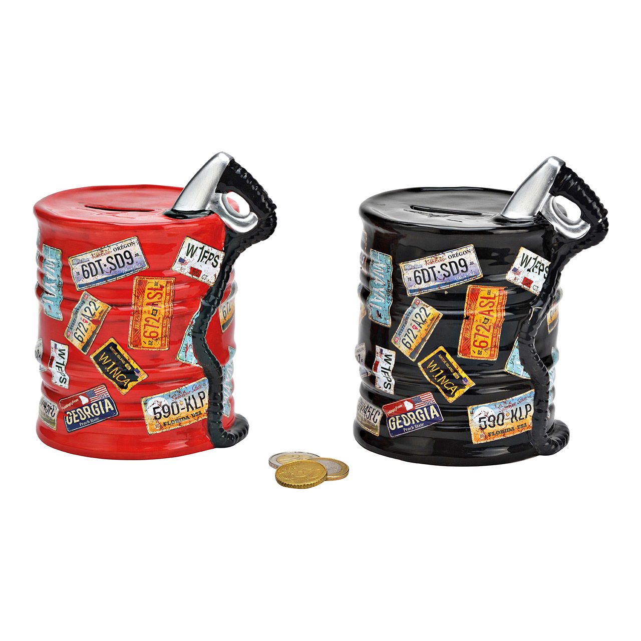 Money box oil barrel ceramic black, red 2-fold, (W/H/D) 12x14x10cm