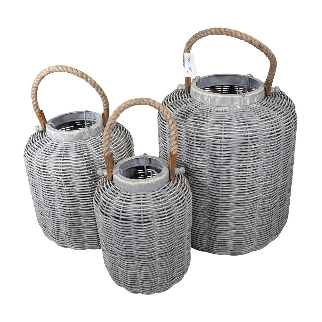 Braided lantern set with handle, metal, 31x31x35/26x26x28/19x19x25cm, 3 pcs/set, gray, EAN-S: 4065557006406, EAN-M: 4065557006413, EAN-L: 4065557006420 @ Korb