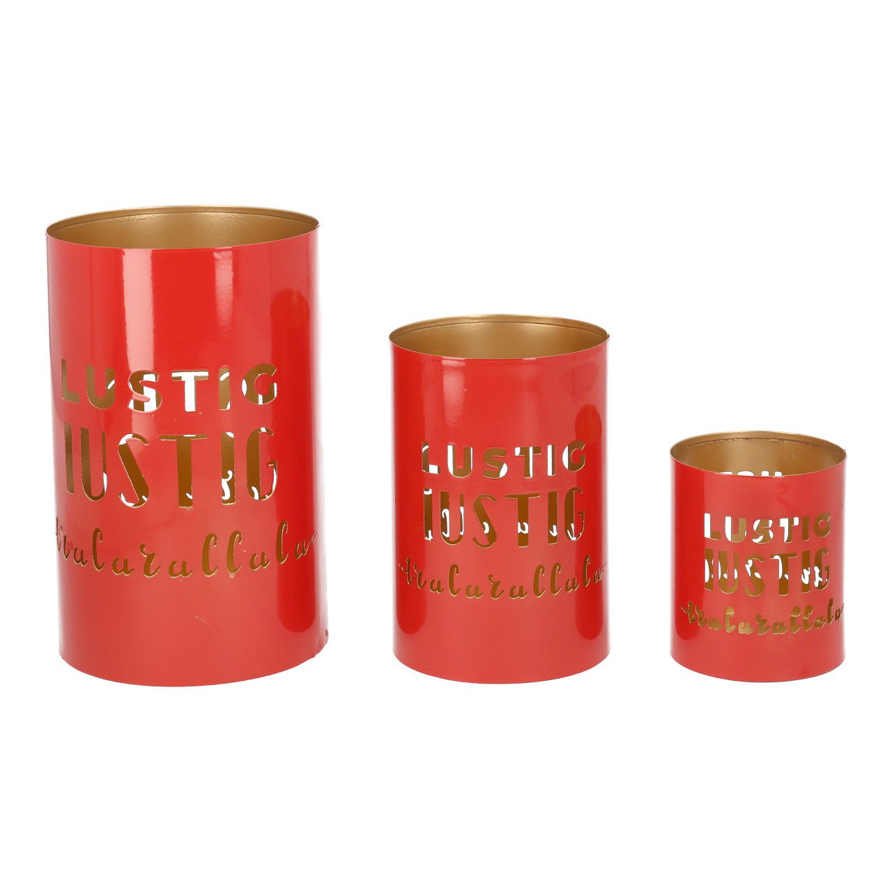 Windlichtset Trallalalala, Metall , 13x13x20cm/10x10x15cm/8x8x10cm, 3 Stck./ Set, rot/gold, Zylinder, Pokal