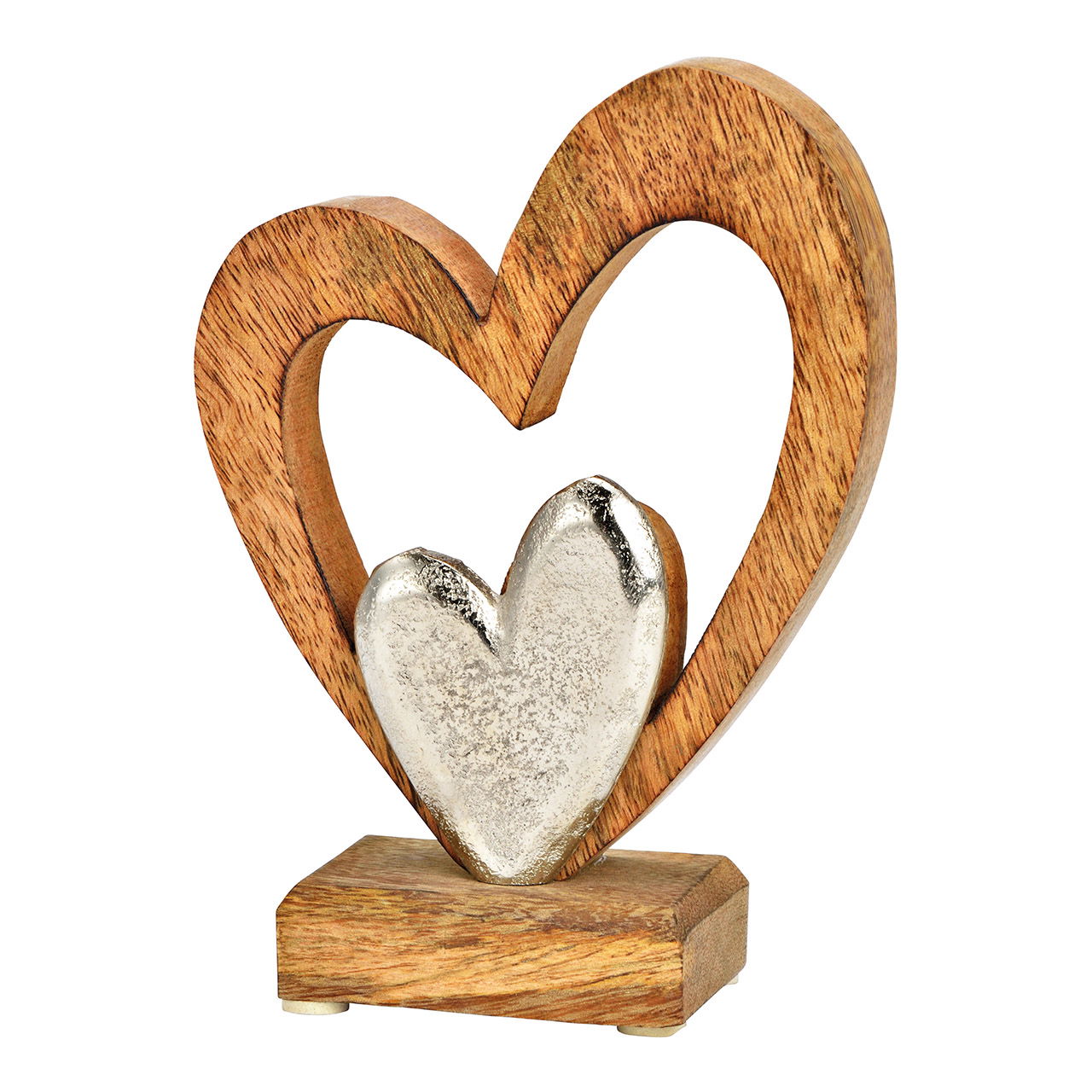 Corazón expositor con corazón de metal, de madera de mango natural (A/H/D) 13x17x5cm