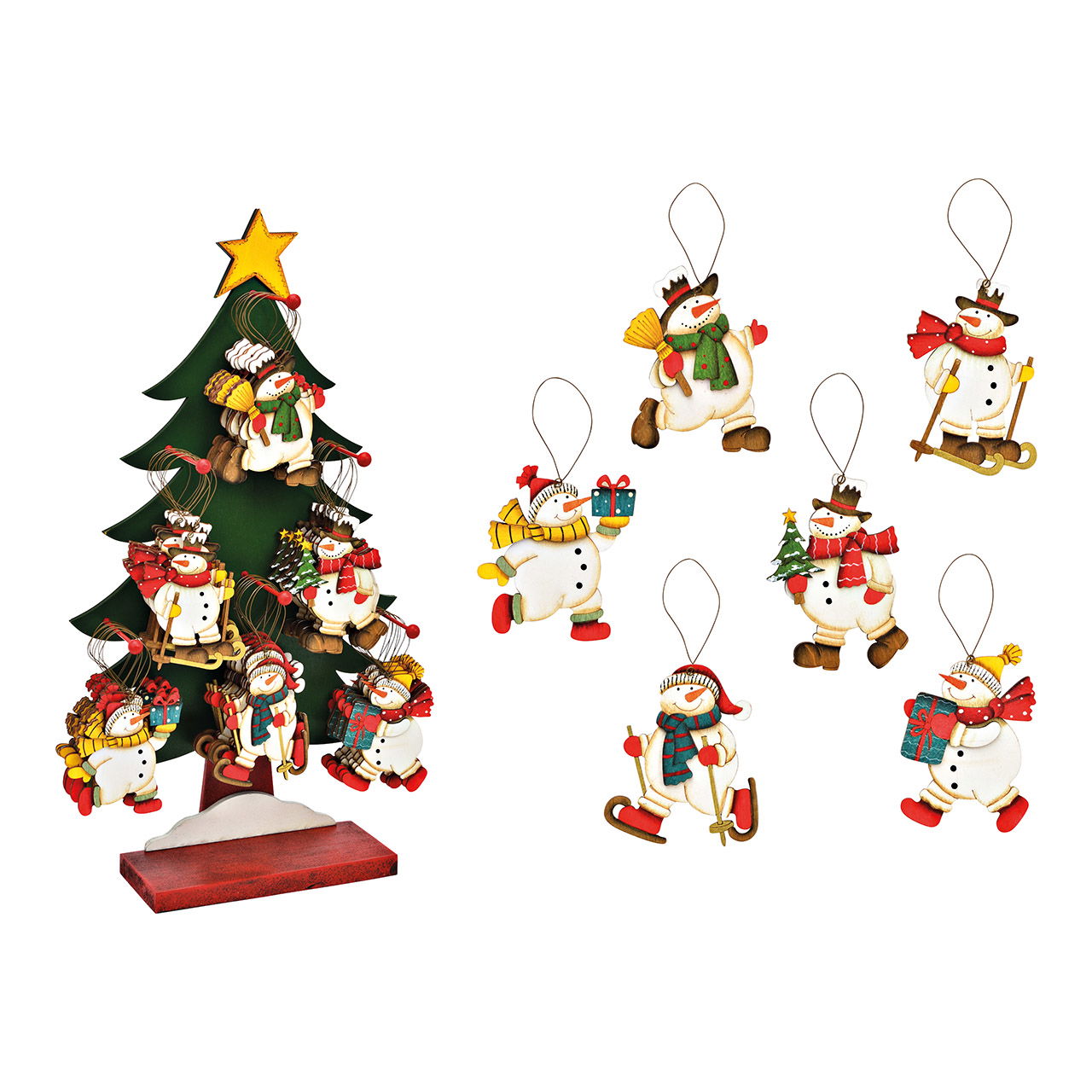 Appendino natalizio in legno con pupazzo di neve (L/H) 8x11cm su supporto per albero, 6 pieghe, colorato (L/H/D) 30x53x12cm