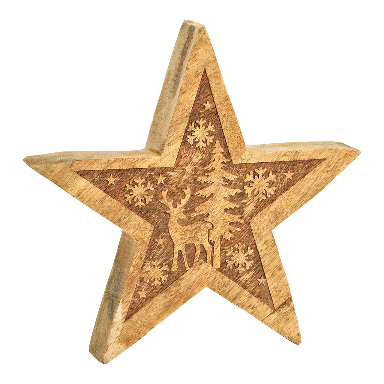 Estrella con decoración invernal de madera de mango natural (A/H/D) 25x25x4cm