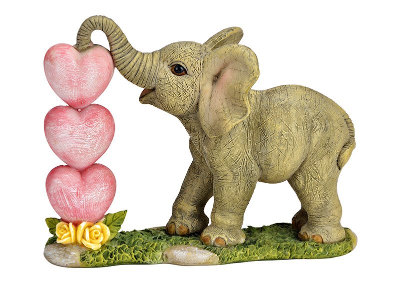 Eléphant avec cœur en poly gris (L/H/P) 14x11x7cm