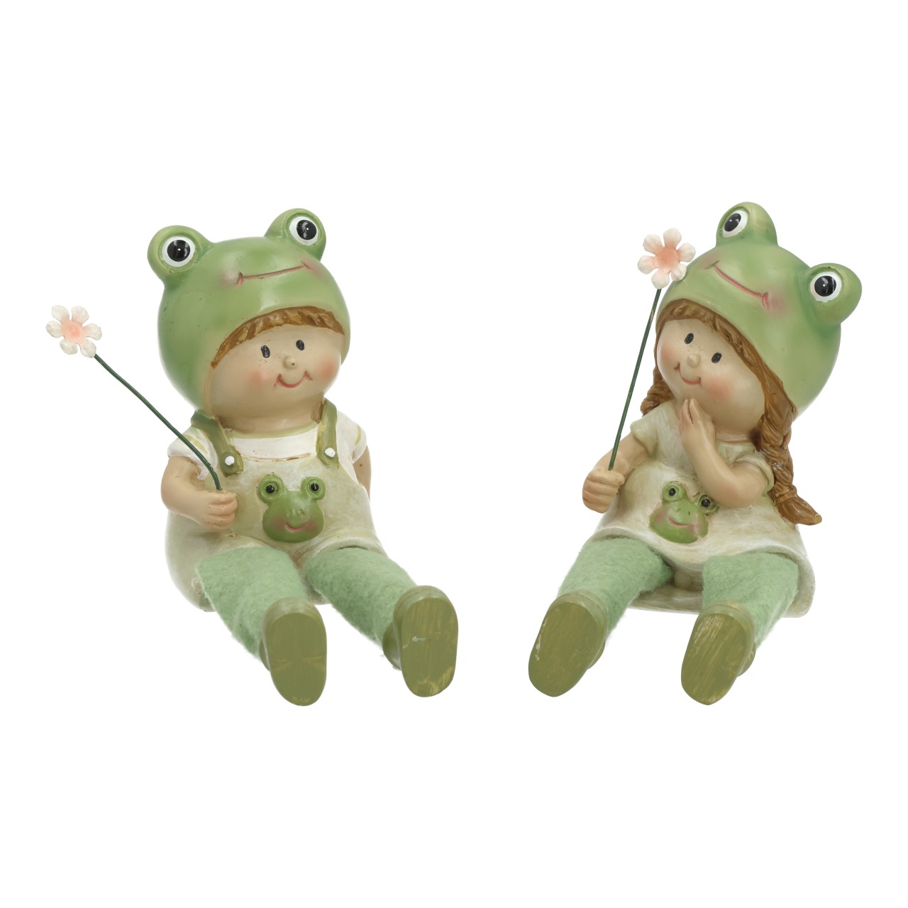 Figurinen, Frosch-Mütze, Mädchenfigur, Grüne Kleidung, Blume tragend