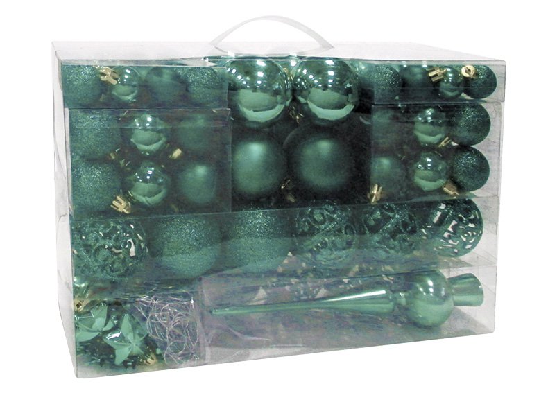 Juego de bolas de Navidad de plástico verde 111 piezas, (c/h/d) 36x23x12cm Ø 3/4/6 cm