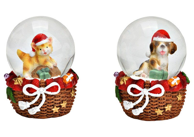 Globo di neve cane, gatto con cappello di Natale in poli/vetro rosso 2 pieghe, (L/A/D) 4x6x4cm