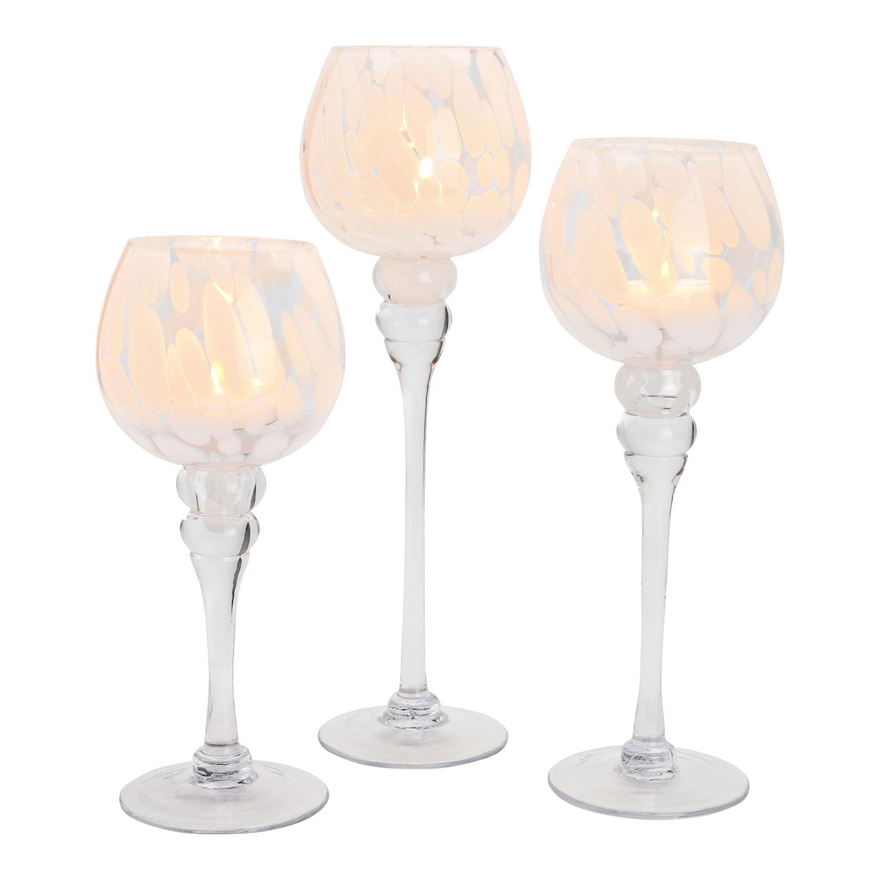 Windlicht Kelch mit Punkten aus Glas, 3er-Set, Weiß/Transparent Ø13cm (H) 30/35/40cm Windlicht Kelch mit Punkten aus Glas, 3er-Set, Weiß/Transparent Ø13cm (H) 30/35/40cm