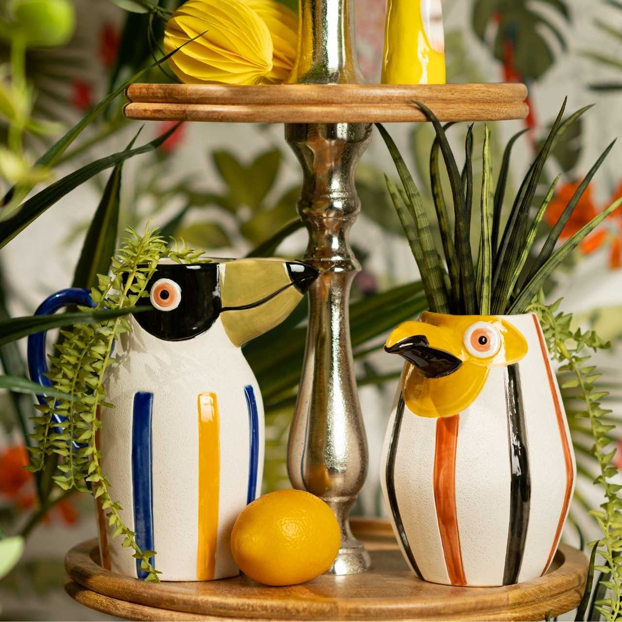 Vase perroquet en faïence, double, jaune/noir (L/H/P) 19x20x11cm Kanne, Wasserkrug