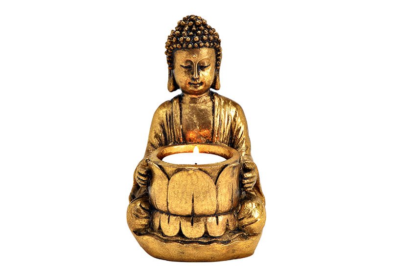 Bouddha porte-bougie à chauffe-plat en poly or (L/H/P) 8x14x9cm