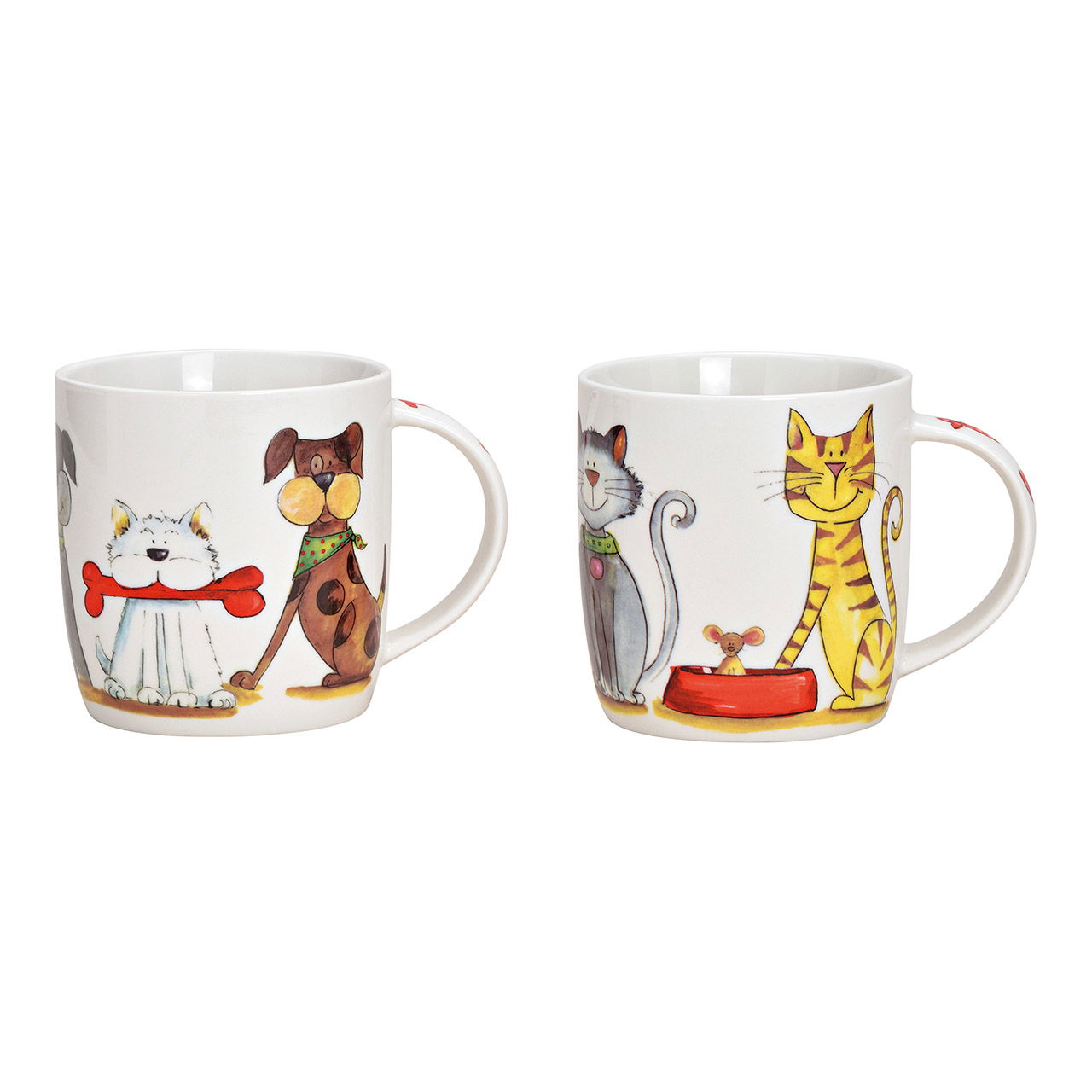 Becher Hund, Katze Dekor aus Porzellan Weiß 2-fach, (B/H/T) 11x9x8cm 300ml Becher Hund, Katze Dekor aus Porzellan Weiß 2-fach, (B/H/T) 11x9x8cm 300ml