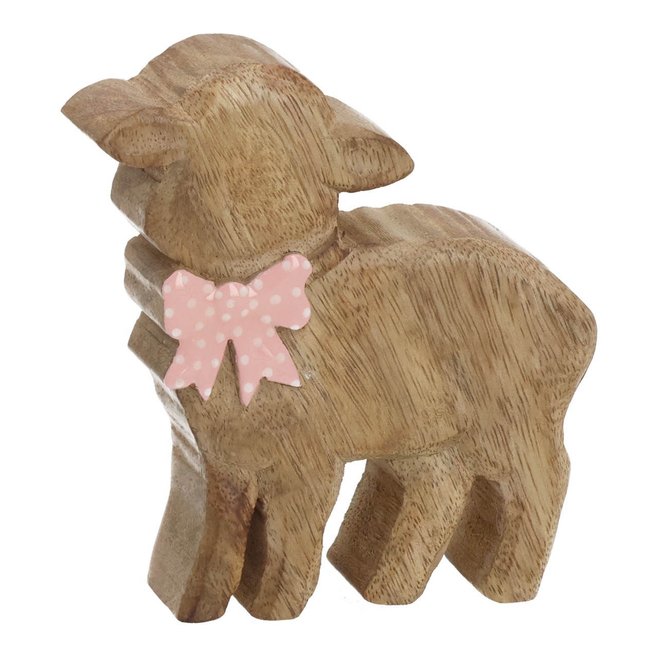 Schaf mit Schleife aus Mangoholz Natur (B/H/T) 8,5x10x2,5cm Holzfigur, Schnucke, Kleines Haustier, Hündchen, Decke/Paar Pinkes Band