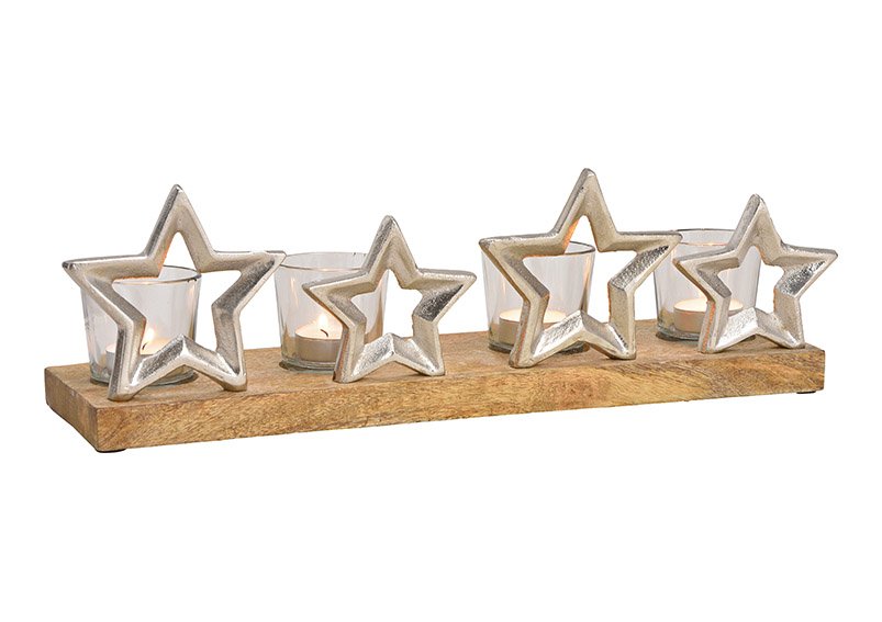 Advent decoration, star, 4 glasses made of metal, wood silver (w / h / d) 42x11x12cm