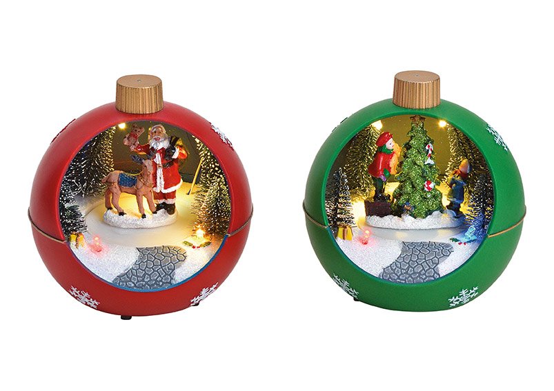 Christmas ball with light, movable figures, red, plastic 2-asst. 11x12x11cm