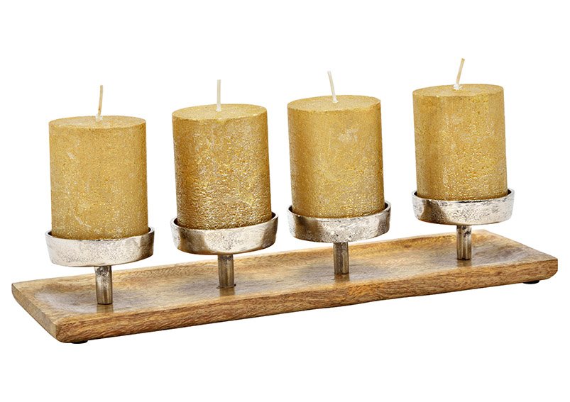 Advent arrangement candle holder metal, mango wood silver (W/H/D) 38x6x12cm