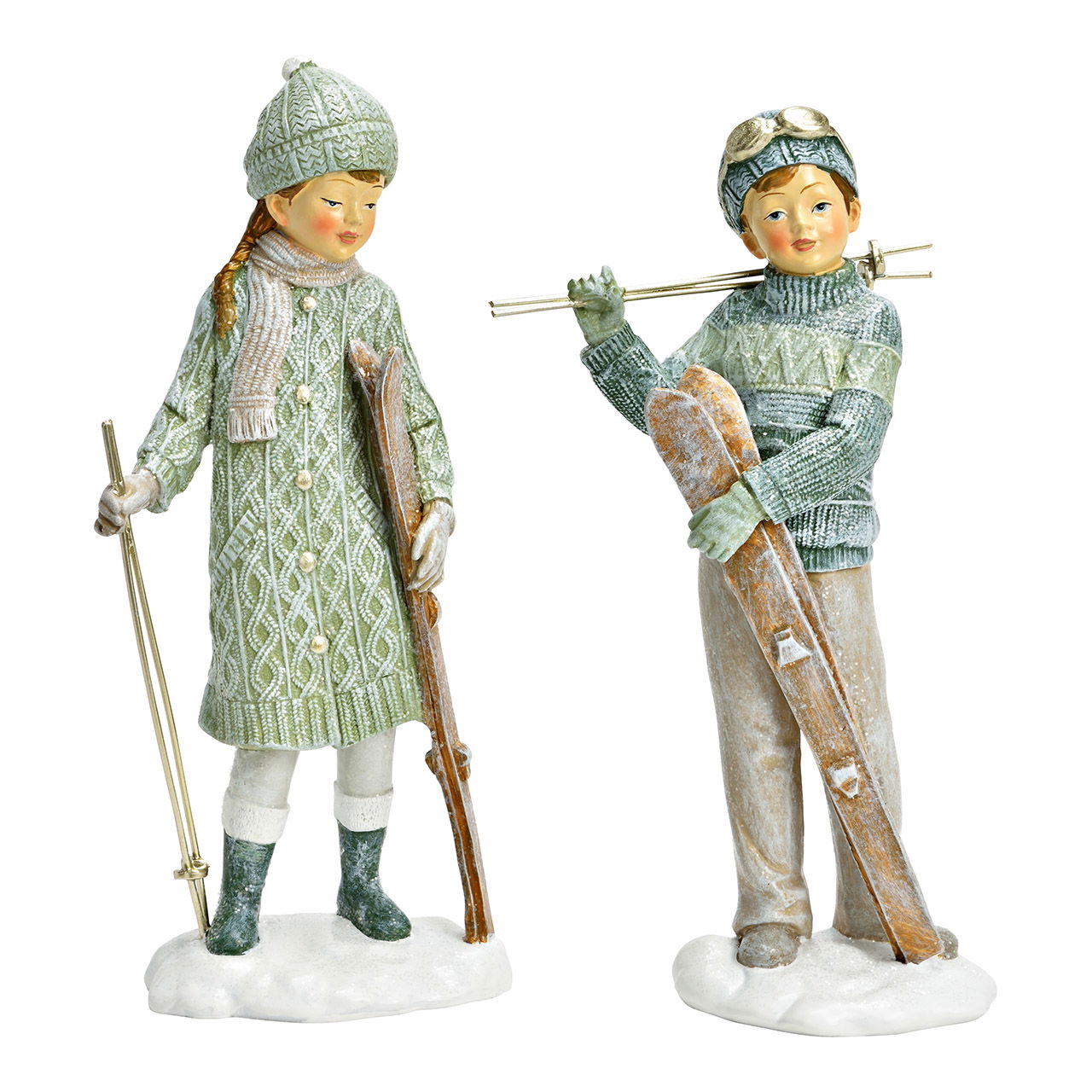 Figura niño con esquís de poliéster, 2 pliegues, verde (A/A/D) 10x22x6cm