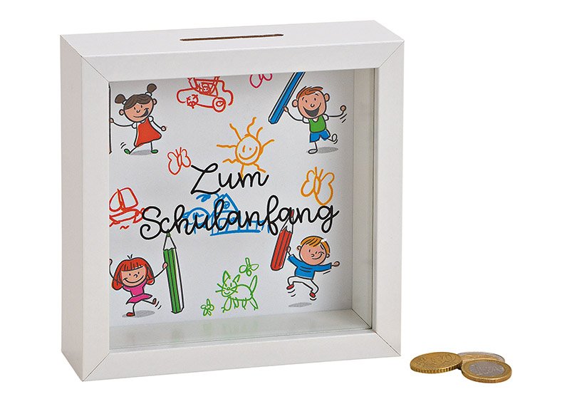 Money box, zum schulanfang, wood, glass, 15x15x5cm
