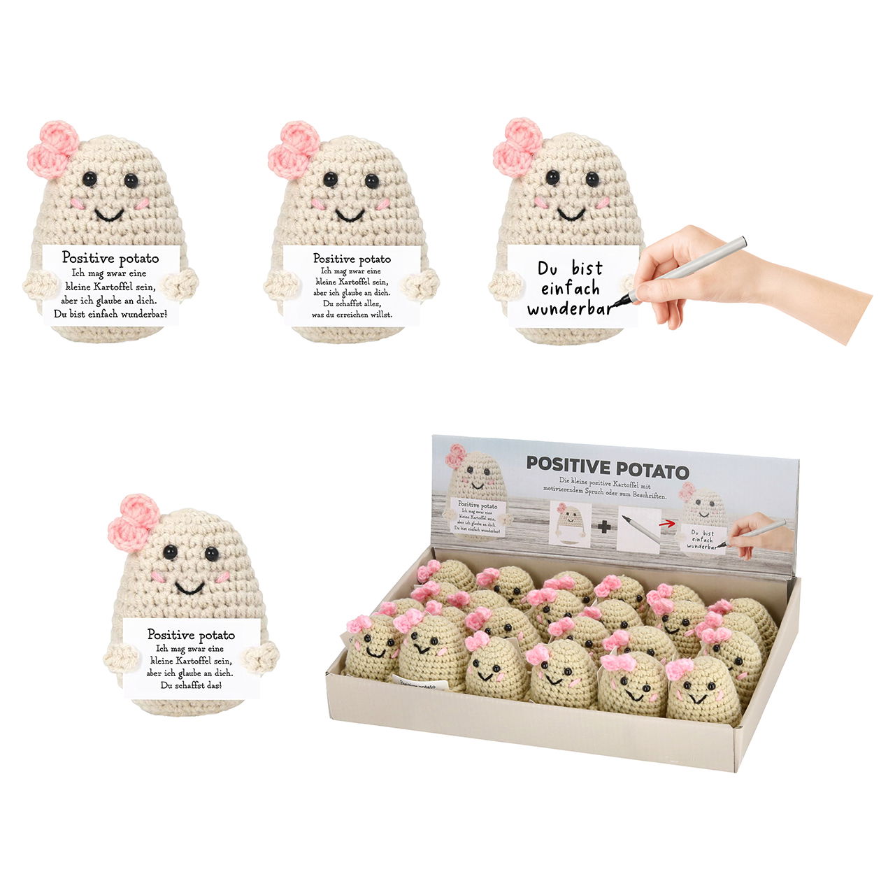 Positive Potato Häkelkartoffel mit Schleife/Spruch/selber Beschriften aus Textil, 4-fach, Beige/Rosa (B/H/T) 4x7x4cm 24er-Display Sahne, Nachtisch, Essen, Zuckerguss, Stift