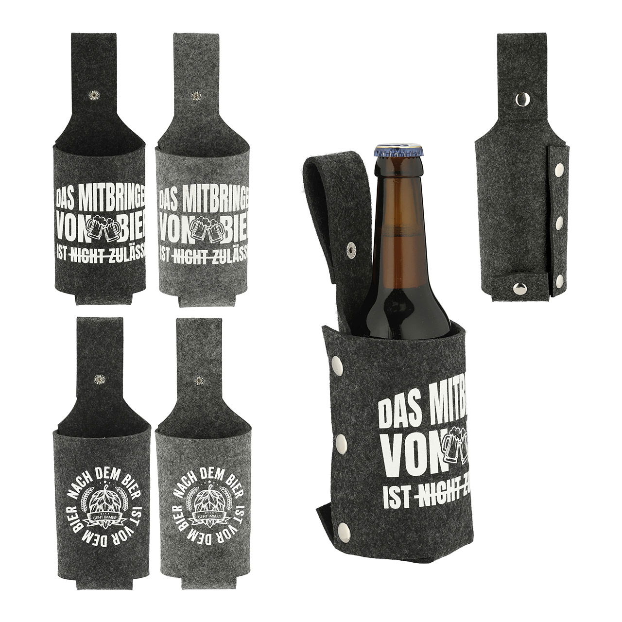 Vilten bierholster met spreuken, gemaakt van vilt Grijs 4-voudig, (B/H/D) 24x8x1cm