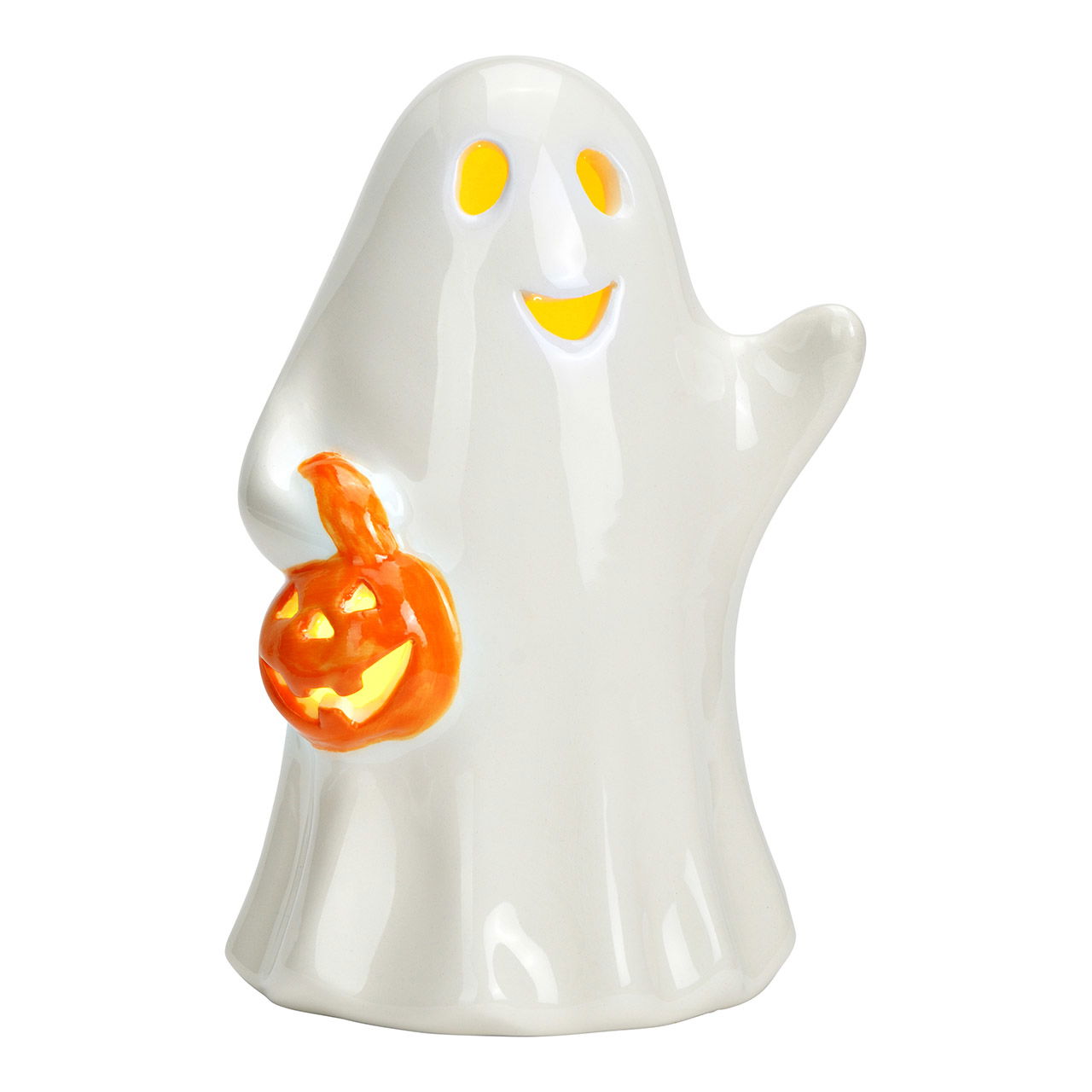 Figuur spook met pompoen met LED gemaakt van keramiek, wit (B/H/D) 9x14x8cm Werking op batterijen 2xLR44 niet inbegrepen