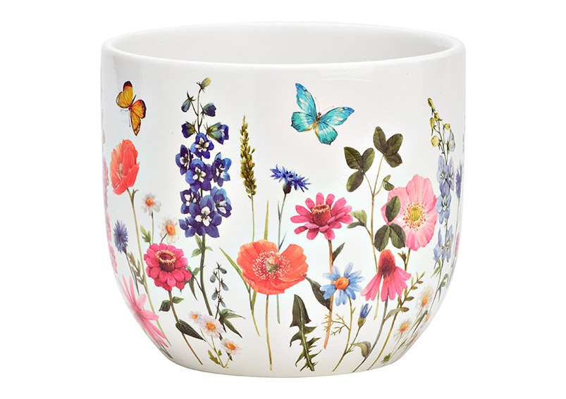 Pot de fleurs décor prairies fleuries en céramique multicolore (L/H/P) 14x12x14cm