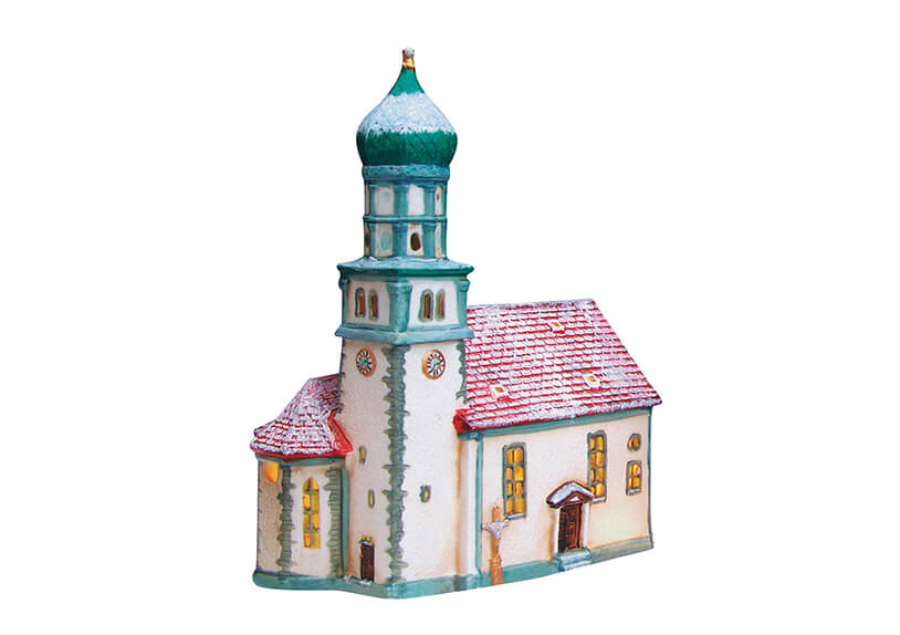 Windlicht-Haus Kirche I Wasserburg mit Schnee aus Poly, B19 x T12 x H24 cm