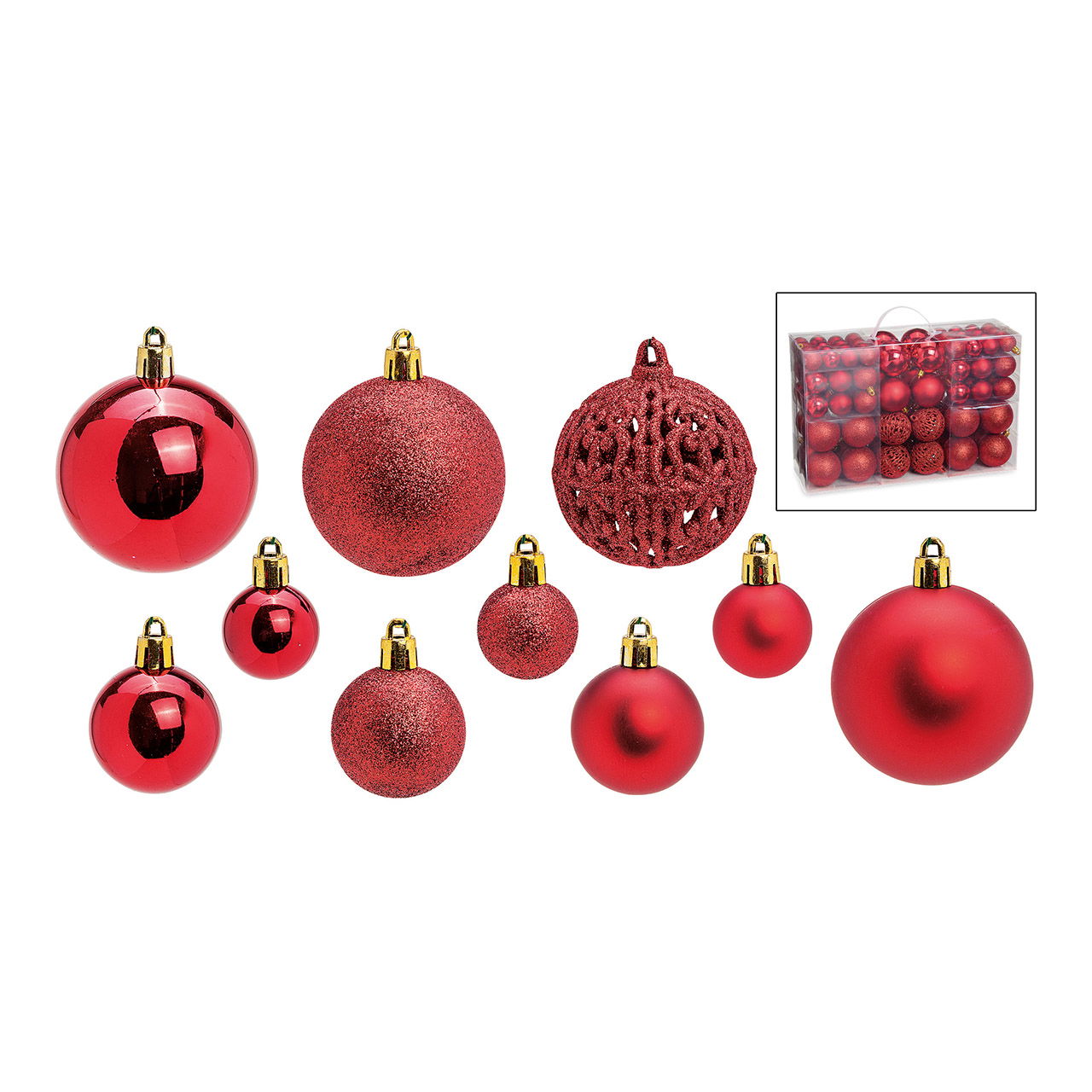 Boules de Noël en plastique, set de 100, rouge Ø3/4/6cm (L/H/P) 23x35x12cm