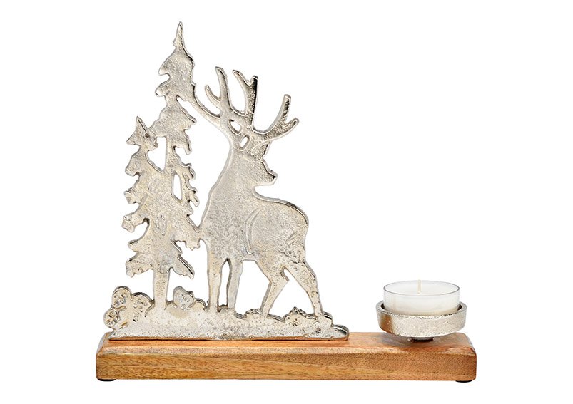 Candle holder deer decor on mango wood base of metal silver (W/H/D) 28x26x5cm